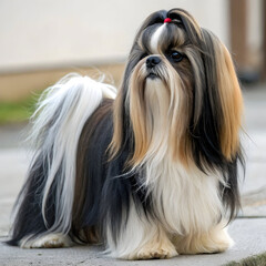 A small, charming Lhasa Apso with long flowing fur and an alert.
