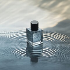 A sleek glass perfume bottle upright in still water, surrounded by gentle ripples that catch the highlights. Shadows and reflections add depth and a sense of sophistication.