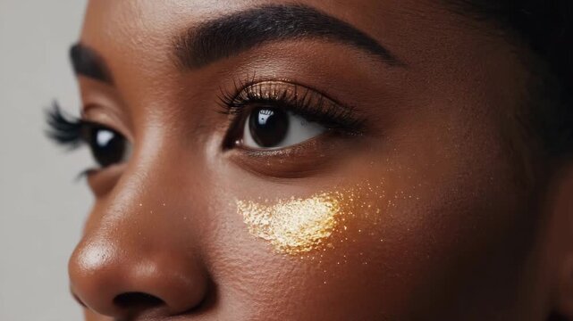 Closeup of a beautiful african american womans face with golden glitter under her eye, showcasing her flawless skin and elegant makeup for a glamorous beauty concept