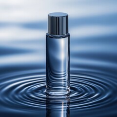 A sleek glass perfume bottle upright in still water, surrounded by gentle ripples that catch the highlights. Shadows and reflections add depth and a sense of sophistication.