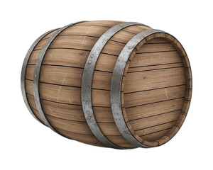 Wooden container with metal hoops resting horizontally against a dark background