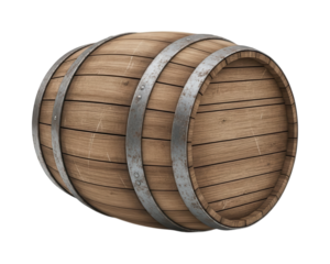 Wooden container with metal hoops resting horizontally against a dark background