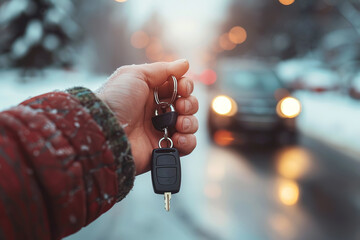 Human hand holding set of keys with blurred car in background. Useful for marketing campaigns, financial services, transport branding and modern business visuals