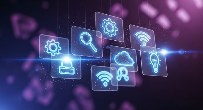 Illuminated transparent squares showcasing digital icons on a dark purple background