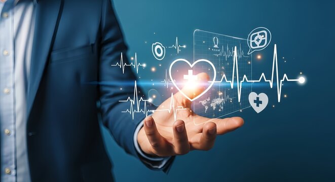 A person in a suit holding medical icons and a heartbeat line in their open hand - Powered by Adobe