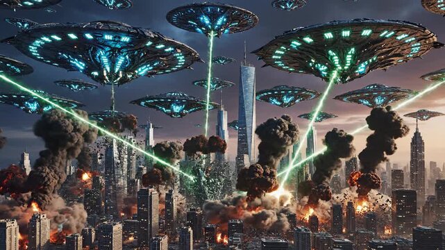 City under alien attack, UFOs firing beams, explosions everywhere