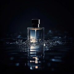 A transparent perfume bottle partially submerged in still dark water, illuminated by a single soft directional light. Reflections shimmer faintly on the surface, creating a refined noir mood.