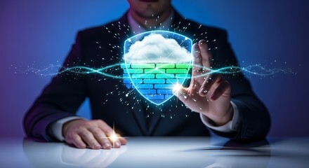 Person in suit touching a digital shield with cloud and brick wall illustration