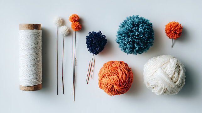 Assorted yarn balls and crafting tools pom poms knitting