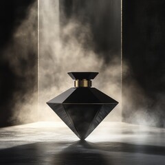 A transparent perfume bottle partially submerged in still dark water, illuminated by a single soft directional light. Reflections shimmer faintly on the surface, creating a refined noir mood.