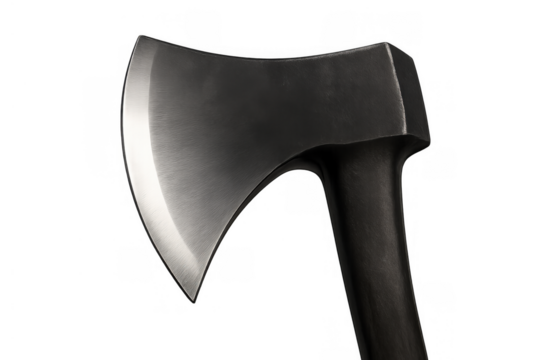 The steel axe head features a gleaming, razor-sharp blade. This rugged tool represents power and hard work, shown against a clear background