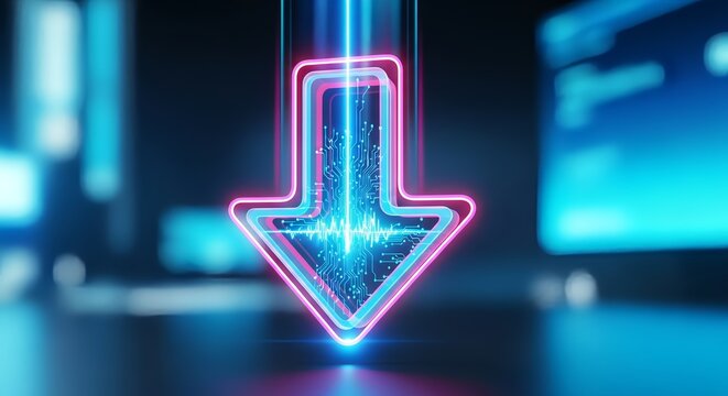 Glowing neon arrow pointing downwards with circuit board and waveform design inside it