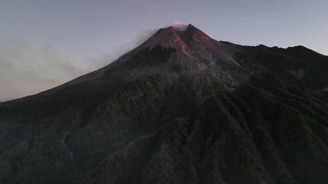 Sunrise Aerial View of Mount Merapi Volcano at dawn from Klangon Hill, Yogyakarta, Indonesia