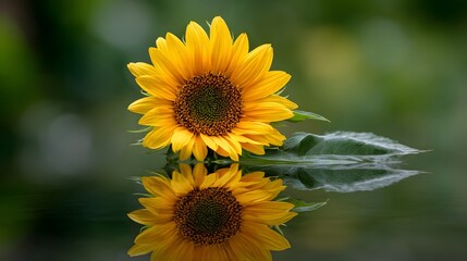 Fototapeta premium A single beautiful yellow sunflower perfectly reflected in still water.