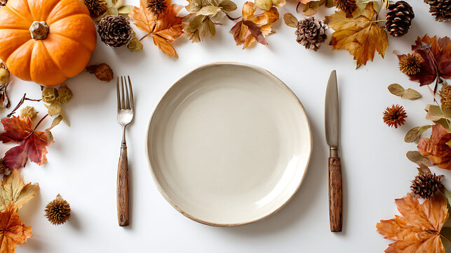 Autumnal harvest table setting with pumpkin and leaves fall Thanksgiving