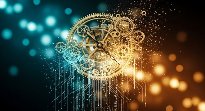 Golden gears and clockwork mechanism with digital circuit board abstract design art