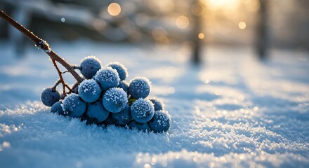 Frost-covered grapes rest on snow, with blurred background sunlight and bare branches