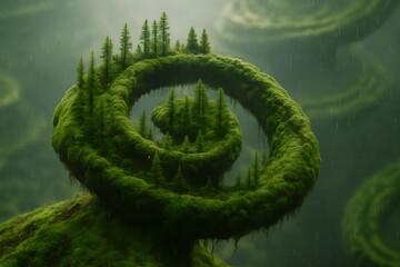 Surreal Spiral Forest Landscape Emerging From Misty Green Hills