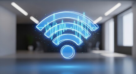 Glowing blue wifi symbol with sound waves in a modern blurred office environment scene