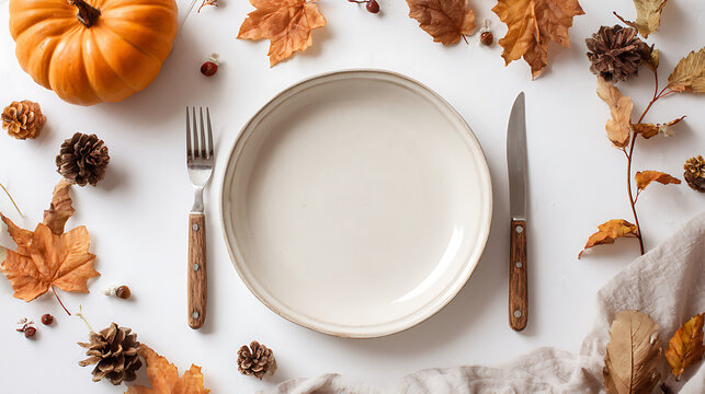 Autumnal table setting with pumpkin and fallen leaves thanksgiving plate - Powered by Adobe