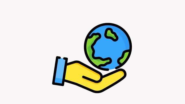 Animation icon shows a hand gently holding the Earth, symbolizing care, protection, and global responsibility. With its clean, modern, and friendly design, it is ideal for environmental campaigns, sus