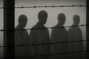 Human Silhouettes Behind Barbed Wire Fence In Misty Light