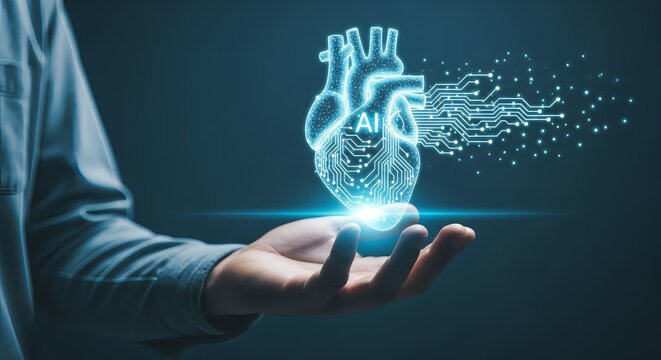 A glowing ai heart with circuit patterns held in a person's hand against dark background - Powered by Adobe