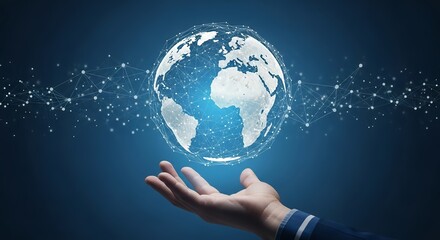 Hand holding digital globe with network connections against a blue background
