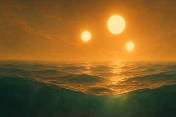 Triple Suns Setting Over Warm Golden Ocean Waves