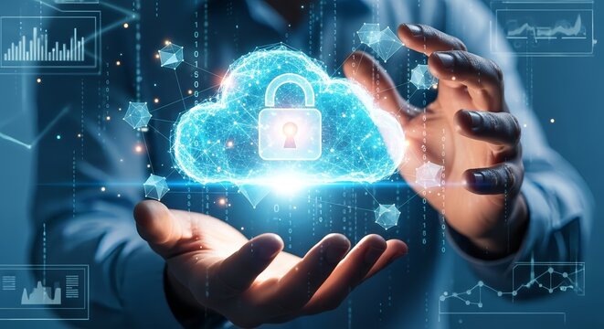 Person holding a digital cloud with a padlock and data visualizations around hands