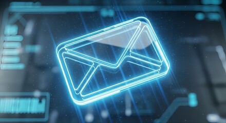 Glowing blue email envelope icon on a futuristic digital interface background design