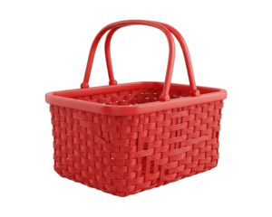 Bright red plastic shopping basket displays a tightly woven texture against a dark background.