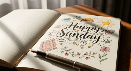 Open journal with 'Happy Sunday' message and decorative illustrations