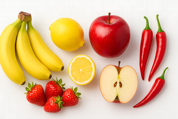 Fresh Mixed Fruits Flat Lay On White Background