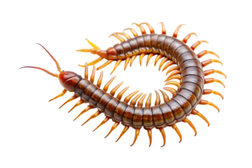 Detailed macro photograph of a large centipede with numerous legs and antennae isolated on transparent background