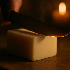 Knife Slicing Through Butter Block Lit By Candle Flame
