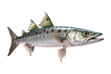Detailed realistic barracuda fish with silver scales and sharp teeth isolated on transparent background