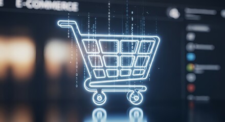Glowing shopping cart icon with binary code overlay against a blurred background scene