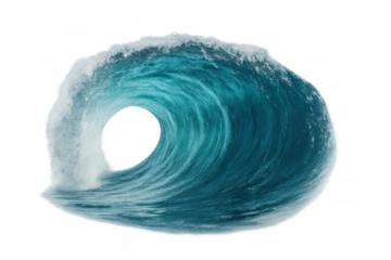 Powerful ocean wave curling, forming tube with foam and spray, transparent background clean cutout