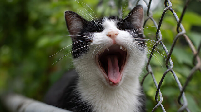 Black and white cat yawning wide open mouth showing pink tongue and sharp teeth feline - Powered by Adobe