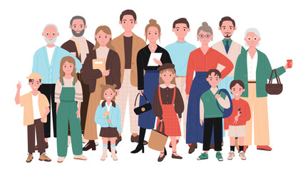 Obraz premium Large multigenerational family standing together, including grandparents, parents, and children, all dressed in casual clothing, isolated on white background vector illustration