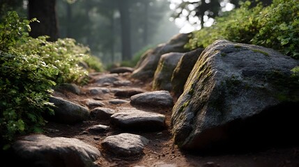 Fototapeta premium A winding rocky path through a tranquil forest bathed in soft atmospheric light