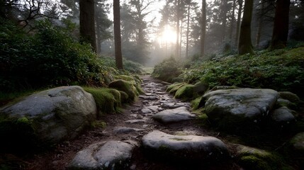 Obraz premium A winding forest path lined with mossy stones and rocks bathed in the soft light of the setting sun filtering through the mist