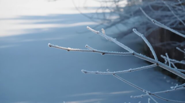 Hoarfrost Crystals on Twig — Minimal Blue Winter Macro with Copy Space