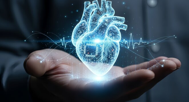 Digital heart hologram held in a hand with ekg lines and circuit board details shown
