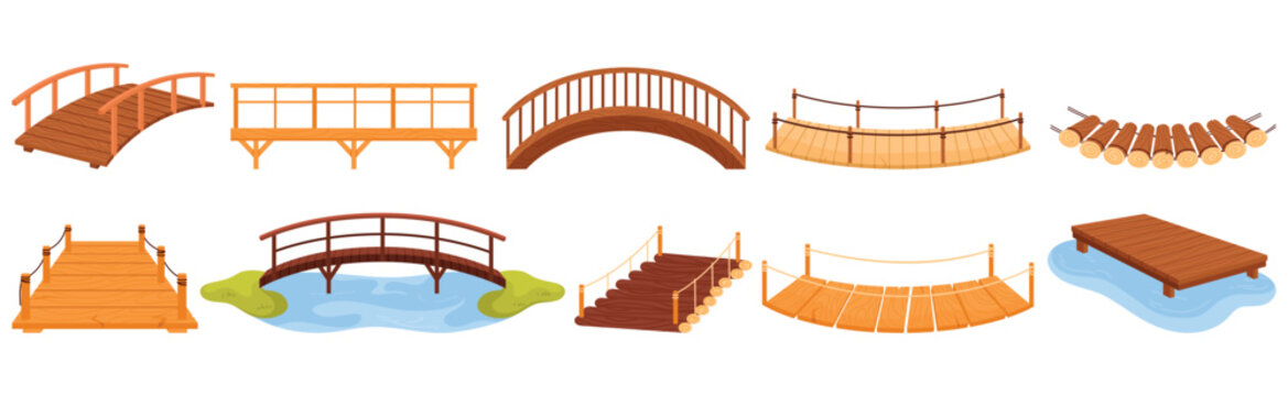 Various cartoon wooden bridges set including rope, arch, and rustic designs for river or path crossing, ideal for game or graphic projects isolated on white background vector illustration