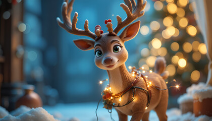 3D Christmas Gift Box with Gold Ribbon and Glowing Snow Particles