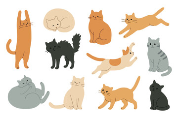 Naklejka premium Funny cute cats in varied poses like stretching, sleeping, jumping, playing. Friendly flat style for kids projects, character set for design, isolated on white background vector illustration