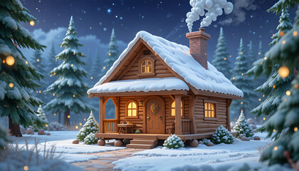 Cozy Wooden Cabin Surrounded by Pine Trees and Fairy Lights