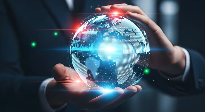 Businessman holding digital globe technology globalization and future concepts